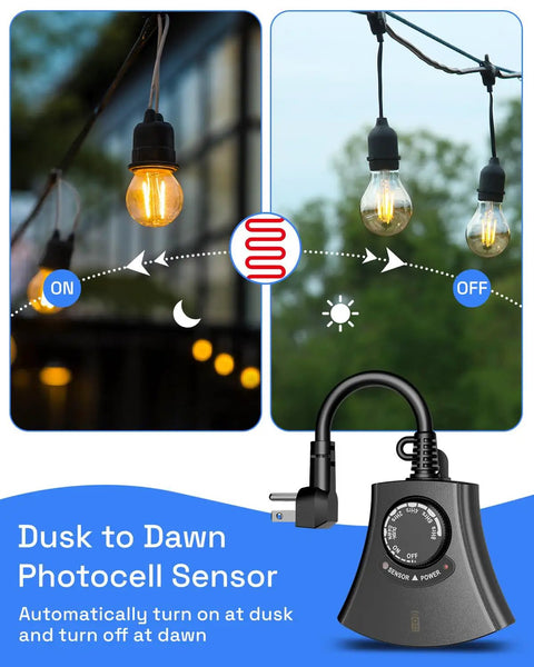 Weatherproof Remote Control Outlet With Dusk Till Dawn Photocell Timer And Three Grounded Plugs For Patio Lights, showing socket and lights.