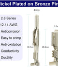 Nickel plated bronze 12-14 AWG pins from Weather Pack 2 Pin Waterproof Automotive Electrical Connectors Kit, showing dimensions