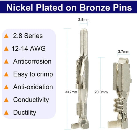 Nickel plated bronze 12-14 AWG pins from Weather Pack 2 Pin Waterproof Automotive Electrical Connectors Kit, showing dimensions