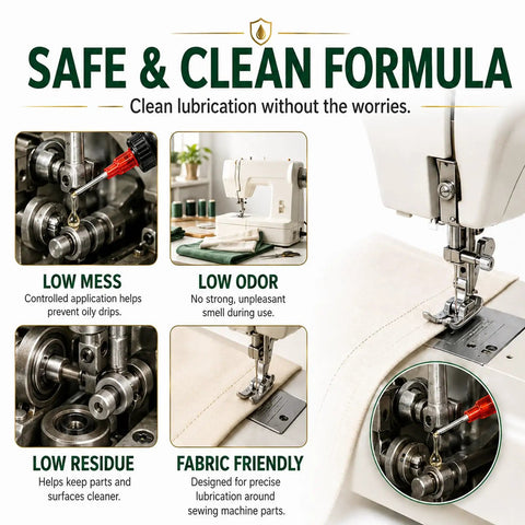 2 Oz Sewing Machine Oil Kit With Precision Applicator, Cleaning Brush, And Cloth For Smooth, Quiet Lubrication That Works Like A Charm In Home Sewing, Craft Rooms, And Studio Spaces. Image showing sewing machine oiling use.