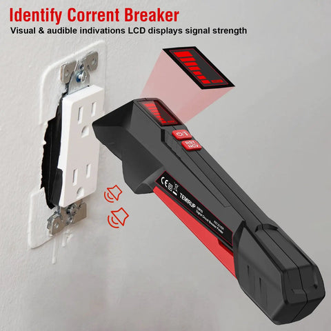 Two Part Circuit Breaker Finder Kit With Lcd Screen And Gfci Outlet Tester identifying outlet signal strength with LCD display.