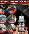 Must Have Pro Grade Clear Waterproof Shoe Glue For Sole Repair Kit That Bonds Deep Into Fibers For Boots Sneakers Heels And Hiking Shoes Flexible Long Lasting Repair For Leather And Other Materials bottle with various shoe repair uses shown