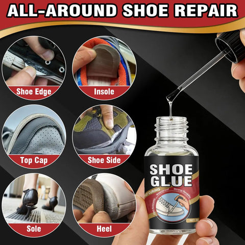 Must Have Pro Grade Clear Waterproof Shoe Glue For Sole Repair Kit That Bonds Deep Into Fibers For Boots Sneakers Heels And Hiking Shoes Flexible Long Lasting Repair For Leather And Other Materials bottle with various shoe repair uses shown