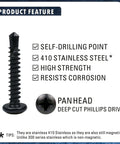 410 Stainless Steel No. 8 Self Drilling TEK Screws with Black Oxide, pan head detail showing product features.