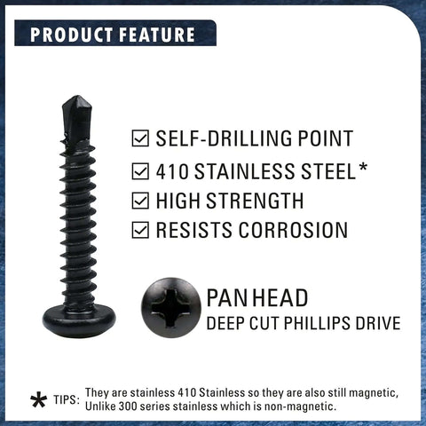 410 Stainless Steel No. 8 Self Drilling TEK Screws with Black Oxide, pan head detail showing product features.