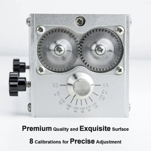 Close-up of Homebrewing Grain Mill with Three Rollers and 13 Lb Hopper Steel Base showing adjustment calibrations.