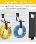 Nylon Velcro tape securing yellow and blue coiled hoses on wall hooks, with additional black Velcro strap displayed, showcasing organization use.
