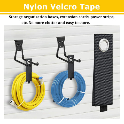 Nylon Velcro tape securing yellow and blue coiled hoses on wall hooks, with additional black Velcro strap displayed, showcasing organization use.