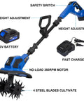 Cordless 20V Garden Tiller Cultivator with 8.7 Inch Working Width and 300 RPM, battery and charger shown, for tight spots.