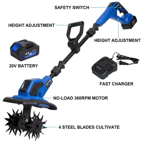 Cordless 20V Garden Tiller Cultivator with 8.7 Inch Working Width and 300 RPM, battery and charger shown, for tight spots.