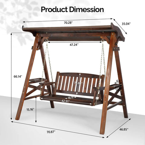 Dimensions of Porch Swing With Stand And Canopy, Waterproof Outdoor Patio Swing With Cup Holder, rustic style backyard set.