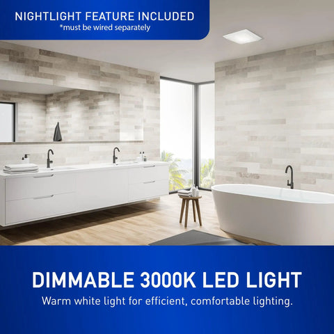 Modern bathroom with Whisper Quiet DC Bathroom Vent Fan With Dimmable 3000K LED Light And SmartFlow Technology installed in ceiling