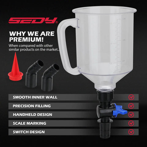 18-Piece Engine Oil Funnel Kit with 12 Color-Coded Adapters and Elbow Fitting, featuring a clear 1.59QT capacity funnel.