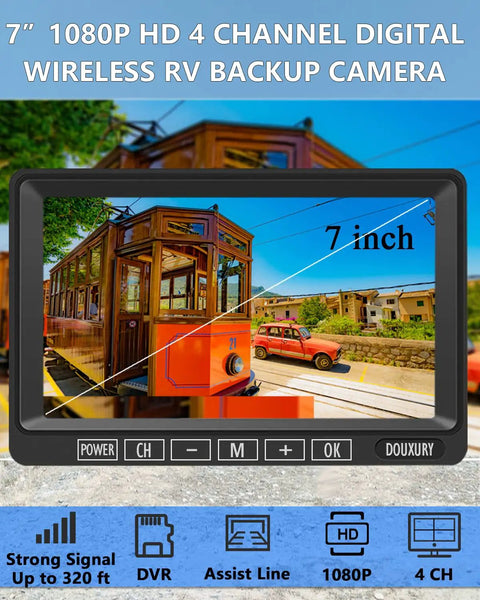 Wireless 1080P RV Backup Camera System With Dual Antennas, 7 Inch Monitor displaying vibrant city scene, perfect for RVs.
