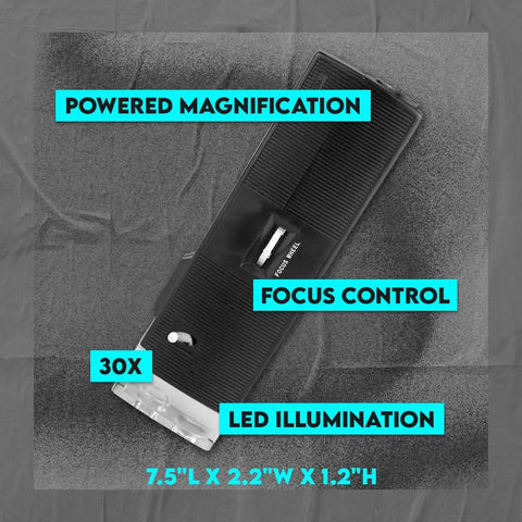 Pocket Microscope With 30x LED Illumination Adjustable Focus Wheel And Built In Flashlight For Sharp Detail Viewing Ideal For Jewelers Collectors Students And Gearheads, black handheld