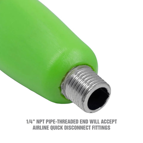 Close-up of a green handle with metal 1/4 inch NPT threading for the Straight Air Chuck Tire Inflator Deflator With Handle