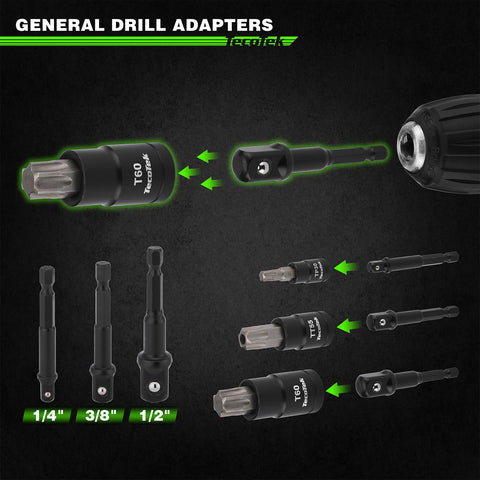 Torx Bit Socket Set With External Torx Sockets For Quarter Inch Drive Three Eighths Inch Drive And Half Inch Drive Built Tough In S2 CrV Steel E4 Through E24 T6 Through T70 And TP Bits Includes 7 Adapters For Automotive DIY Home Garage - image showing general drill adapters with Torx sockets and labeled drive sizes