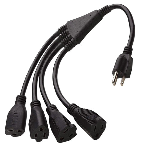 4 Way Power Splitter Pack Of 5 Turns One Outlet Into Four With Individual Cords 1.5 Foot 3 Prong Black SJT 16 AWG UL Listed Easy Plug N Go