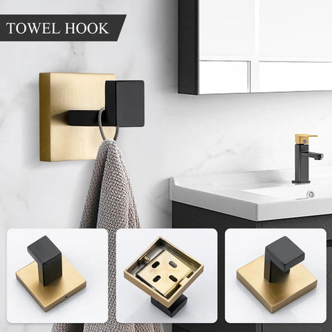 Gold and black wall-mounted towel hook from 3 Piece Stainless Steel Bathroom Hardware Set Rustproof SUS 304 with Brushed Finish