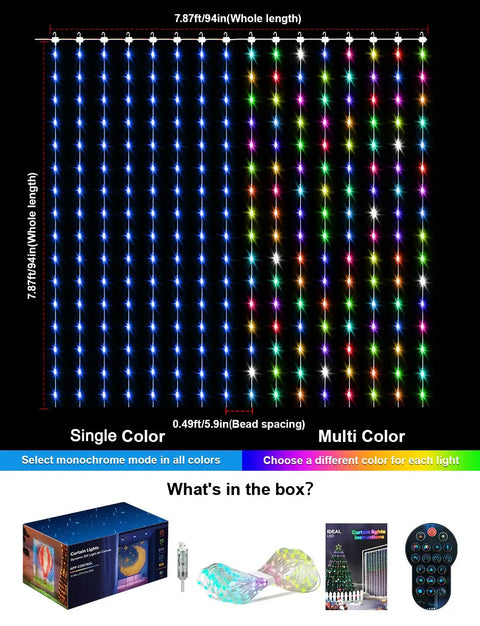 Smart Curtain String Lights With Color Changing LEDs, DIY Teardrop LED Backdrop For Bedroom And Living Room, 7.9 By 7.9 Feet, App And Remote Control, Perfect Holiday Vibe Lighting, multi-color LED display and remote