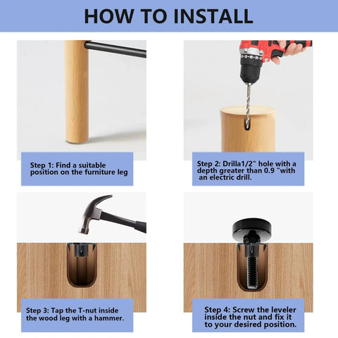 Installation steps for Heavy Duty Adjustable Furniture Levelers Set Of 4 With T Nuts And Non Slip Pads for Tables Cabinets