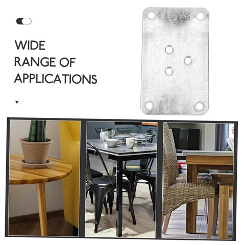 Thick Iron Flat Leg Mounting Plates For Tables And Sofas Quickly Fix Wobbly Furniture Legs With Hella Sturdy Brackets shown against various furniture.