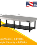 Hella Tough Heavy Duty Welding Fixture Table 120 By 48 By 36 Inches with precision laser cut holes and black steel frame.