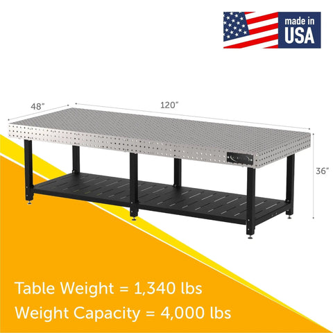 Hella Tough Heavy Duty Welding Fixture Table 120 By 48 By 36 Inches with precision laser cut holes and black steel frame.