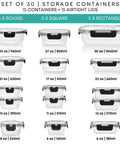 30 Piece Glass Food Storage Containers Set With Lids For Meal Prep And Leftovers, Airtight Leakproof Snap Locking Lids, various sizes