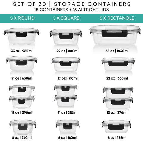 30 Piece Glass Food Storage Containers Set With Lids For Meal Prep And Leftovers, Airtight Leakproof Snap Locking Lids, various sizes