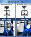 Adjustable knob on manual wire stripper machine for 0.06 to 1 inch wires, showing blade up and down positions.