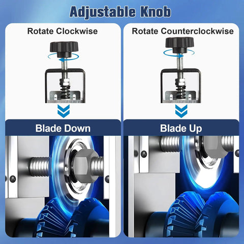 Adjustable knob on manual wire stripper machine for 0.06 to 1 inch wires, showing blade up and down positions.