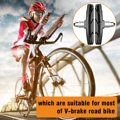 Cyclist riding with Six Pack Bike Brake Pads Set For Front And Rear Wheels, 70mm V-Brake Shoes shown in close-up.