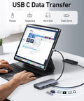 USB C Docking Station Beast For 3 Monitor Setup With Dual HDMI And DisplayPort Plus VGA, 100W PD Charging in use with tablet