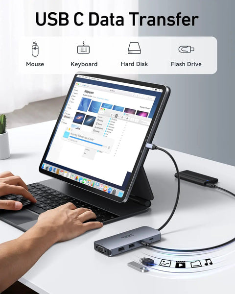 USB C Docking Station Beast For 3 Monitor Setup With Dual HDMI And DisplayPort Plus VGA, 100W PD Charging in use with tablet
