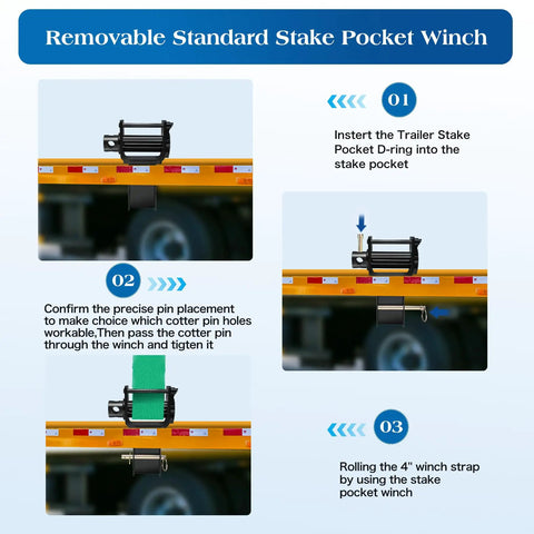Heavy Duty Flatbed Stake Pocket Winch Set 4 Pack, 16200 Lb Capacity With 5400 Lb Load Limit, Rugged Corrosion Resistant Steel, Black Powder Coat, Built For Secure No Fuss Tie Downs On Flatbed Trucks. removable stake pocket winch on flatbed truck with strap