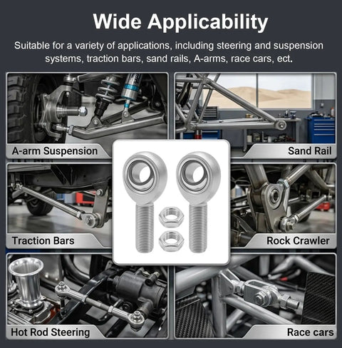 Heavy Duty Five Eighth Inch Chromoly Heim Joint Rod End Kit With Left And Right Hand Threads Jam Nuts 0.625 Inch Panhard Rod Kit PTFE Kevlar Liner Built Tough For Steering Suspension Traction Bars And Sand Rails, shown in off-road suspension use