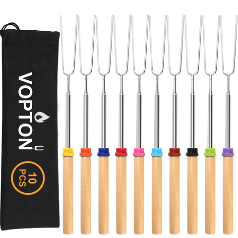Long 32 Inch Telescoping Marshmallow Roasting Sticks For Fire Pit Smores Skewers Kit Premium Stainless Steel with wood handle