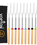 Long 32 Inch Telescoping Marshmallow Roasting Sticks For Fire Pit Smores Skewers Kit Premium Stainless Steel With Heat Resistant Wood Handle Reusable Campfire Hot Dog Roasting Sticks For Outdoor Camping in 10 pack with multicolored rings and carry bag