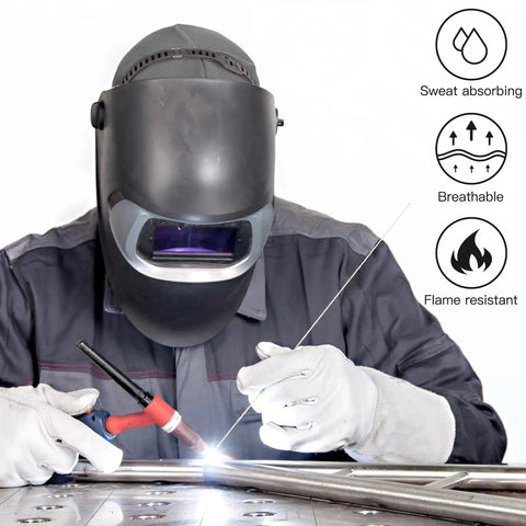 Welder in helmet using torch, wearing 2 Pack Welding Caps For Men Washable Flame Resistant Cotton Welder Hats With Low Crown Elastic Fit