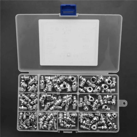 Top Notch 115 Piece Steel Zerk Grease Nipple Fittings Assortment Kit Featuring Straight And Angled M6 M8 M10 Sizes With Smart Spring Sealing For Serious Auto Repair And Heavy Machinery Lubrication Jobs, open case