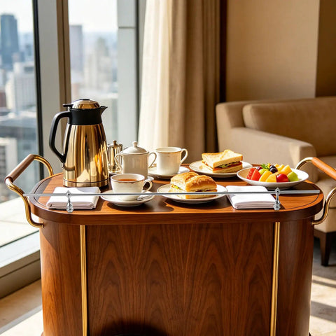 Breakfast setup on a wooden cart with tea set and food in a modern room