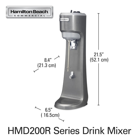 Workhorse Commercial Single Spindle Drink Mixer With Hands Free Operation 3 Speed Universal Motor Pulse Activation Built For High Volume Bars And Cafes NSF Certified side view with dimensions