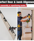 Straight Up Solid Door Hinge Template Kit With Modular Aluminum Rails For Hassle Free Recess Cutting Of Square Radius Hinges In Doors And Frames No Mess Precision Hinge Jig System shown in use for precise door alignment.