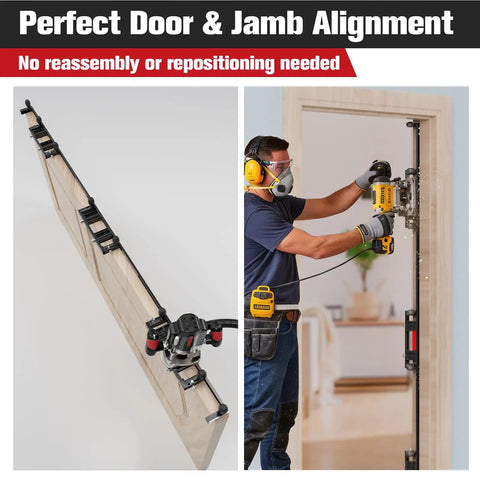Straight Up Solid Door Hinge Template Kit With Modular Aluminum Rails For Hassle Free Recess Cutting Of Square Radius Hinges In Doors And Frames No Mess Precision Hinge Jig System shown in use for precise door alignment.
