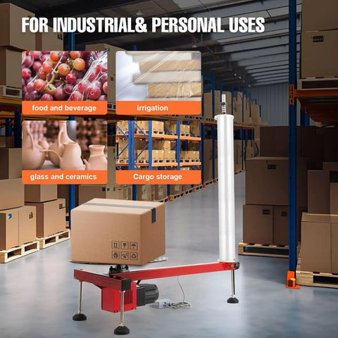 Semi Automatic Electric Stretch Film Dispenser For Pallet Wrapping With Heavy Duty Build, 25W Motor, displayed in warehouse