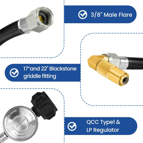 Close-up of 5 Ft Propane Hose And Regulator For Blackstone Griddles And Gas Grills, 3/8 Inch Flare Fittings, 90 Degree Elbow