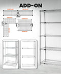 Rock Solid Five Shelf Stainless Steel Wire Shelving Unit Heavy Duty Adjustable Storage Rack Commercial Grade 36x72x63 add-on kit diagram.