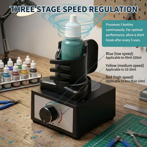 Vortex Mixer For Lab And Model Paint Shaker Auto Hands Free With Three Speed Settings From 300 To 2400 RPM Electric Industrial Lab Mixer For Acrylics Pigments And Test Tubes Beefed Up Performance, black mixer with bottle clamp on workbench