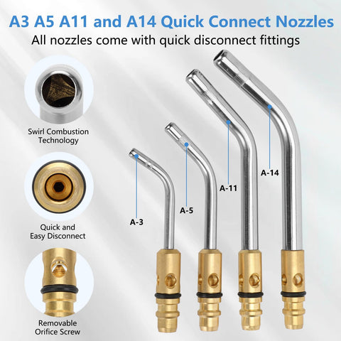 Air Acetylene Torch Kit 11-Piece Set A-3 A-5 A-11 A-14 nozzles on white background for soldering and brazing